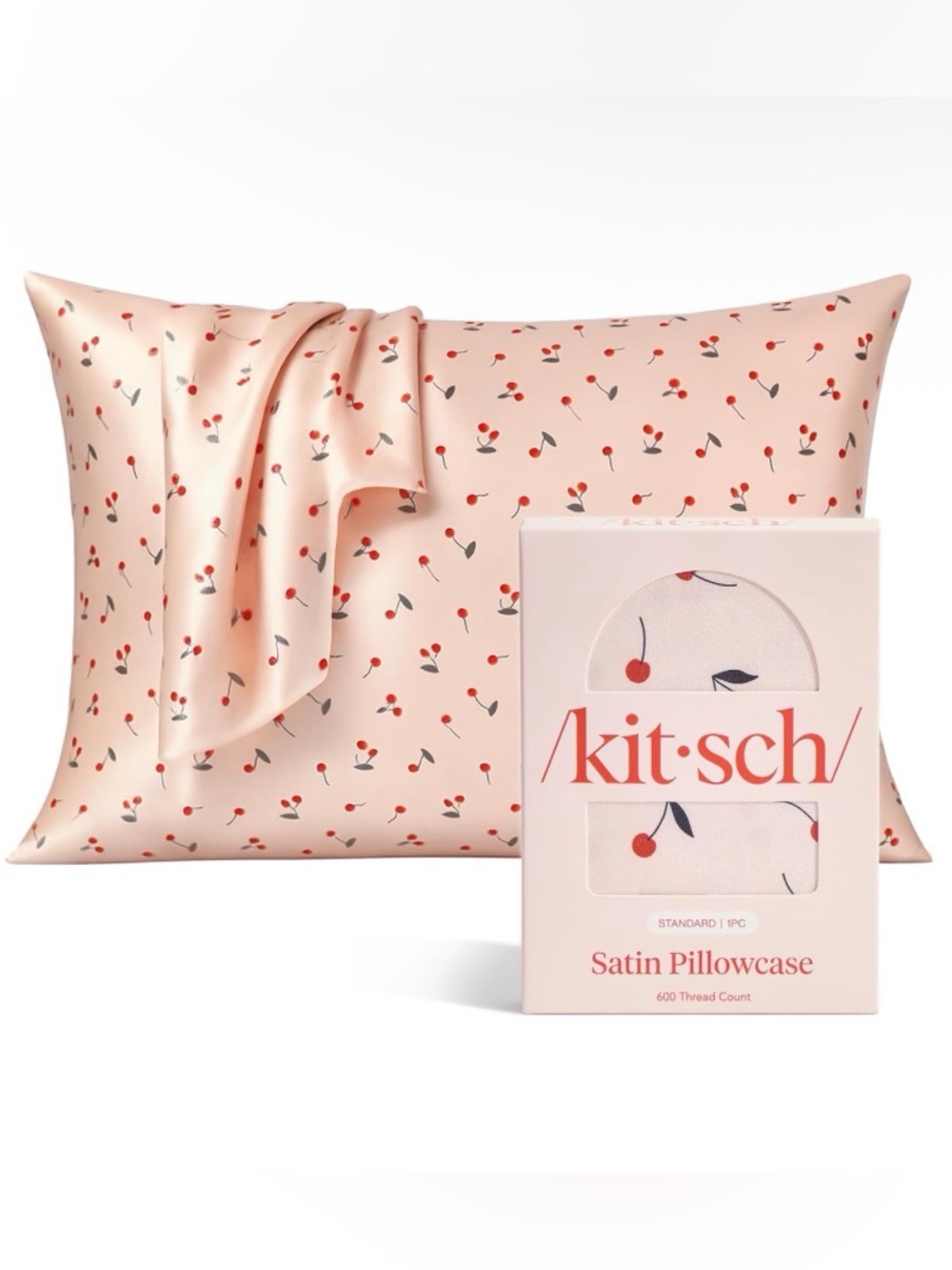 Cherry Print Satin Pillowcase - Blush Pink